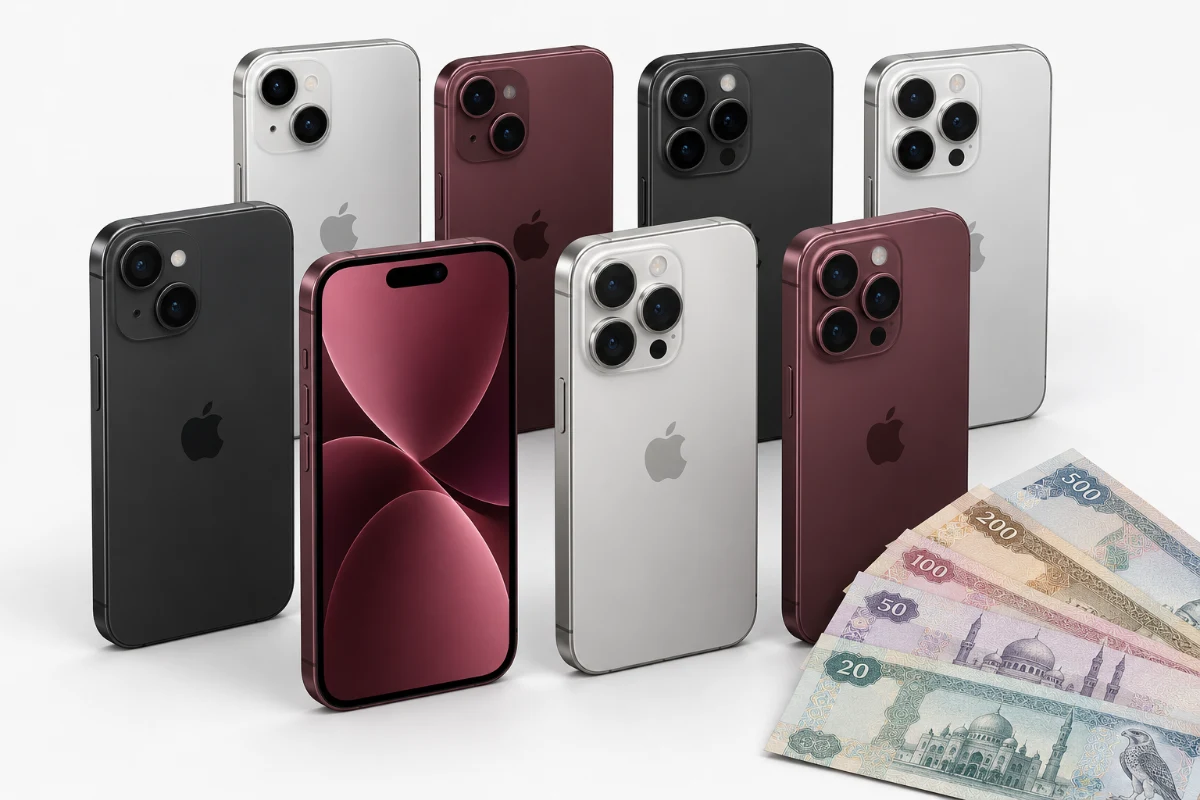 A batch of silver, black and burgundy iPhones beside UAE dirham banknotes, illustrating business bulk buyback with SellMyiPhone in Dubai
