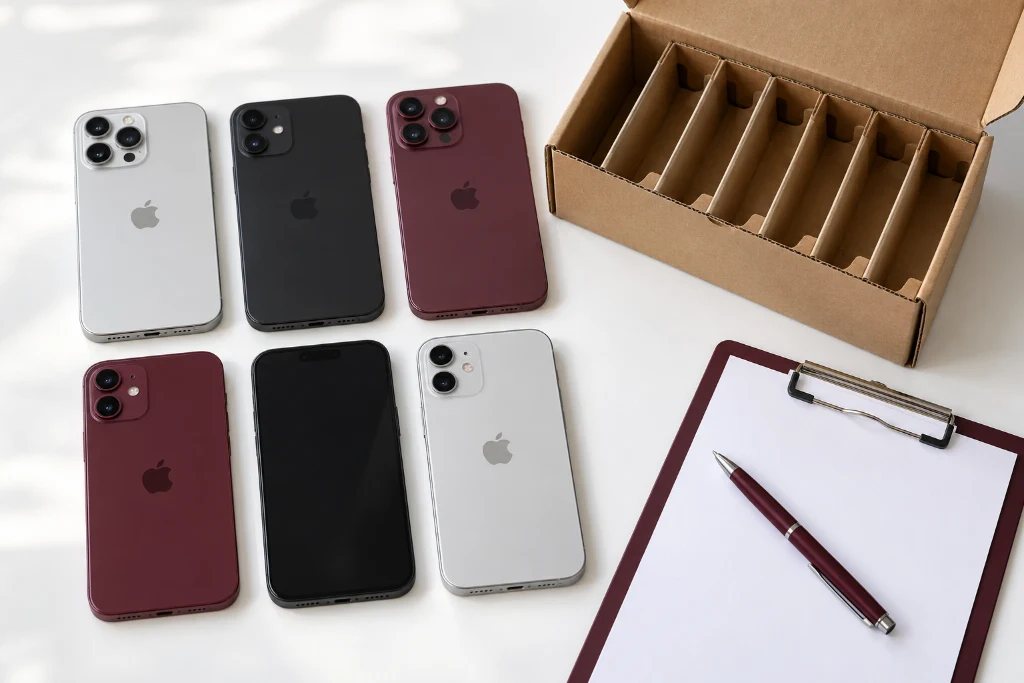 Six iPhones beside compartmented protective packaging and a blank inventory clipboard, illustrating preparation for a business bulk assessment