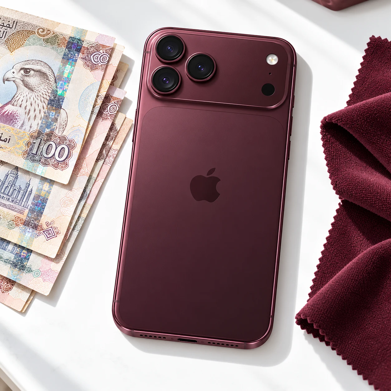 iPhone 18 Pro Max beside UAE dirhams after inspection
