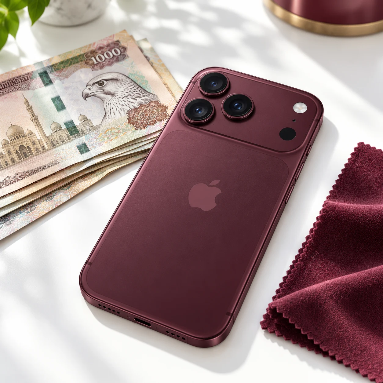 iPhone 18 Pro beside UAE dirhams after inspection